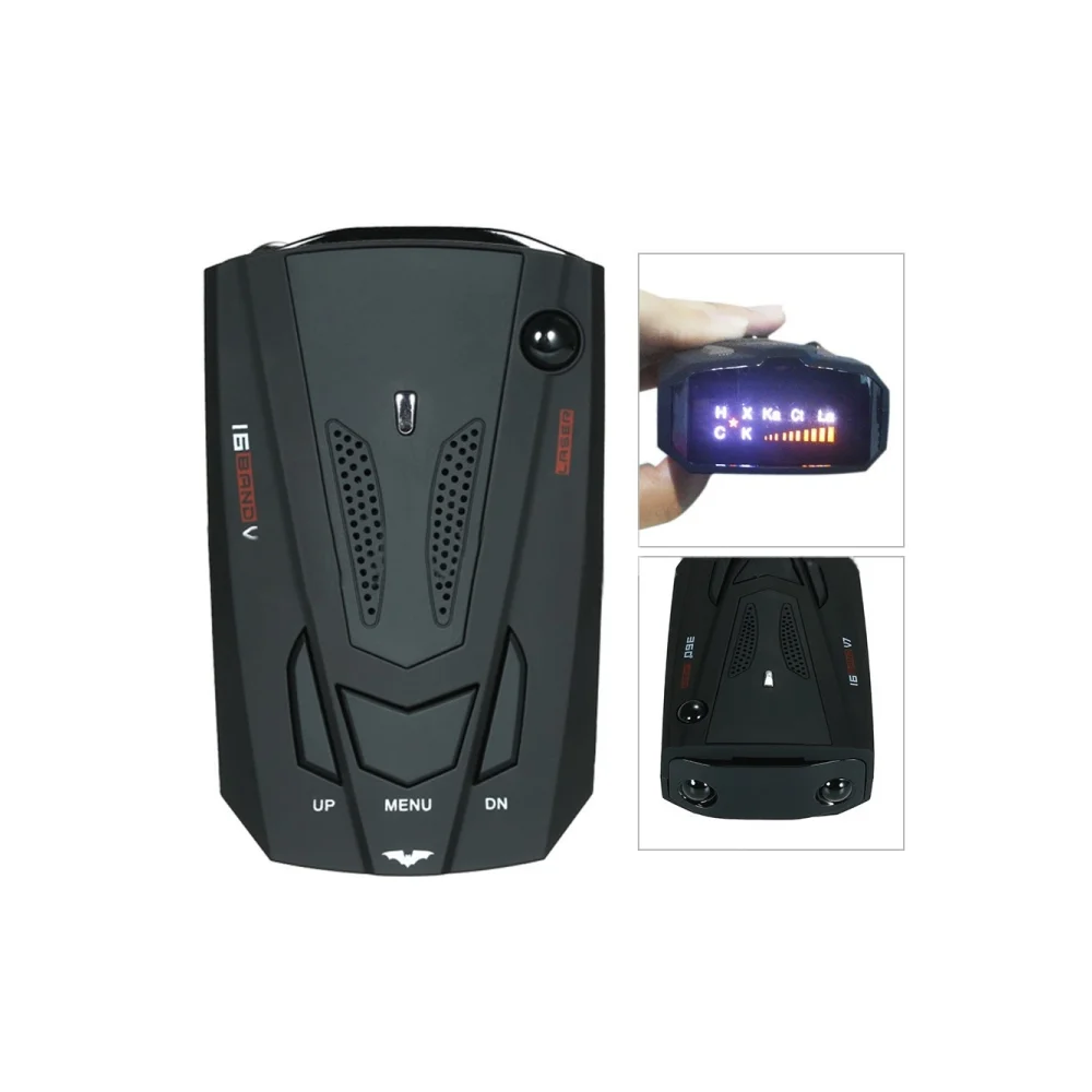 Detector V7 com botões UP, MENU e DN e display LED aceso